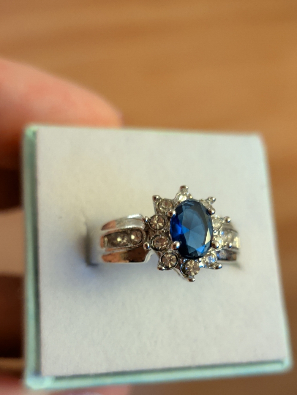 Elegant Silver Tone Fashion Ring With Faux Sapphire Size 8.75. New